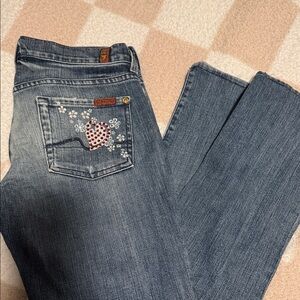 7 For All Mankind Blue Boot Cut Jeans with Heart Embroidery